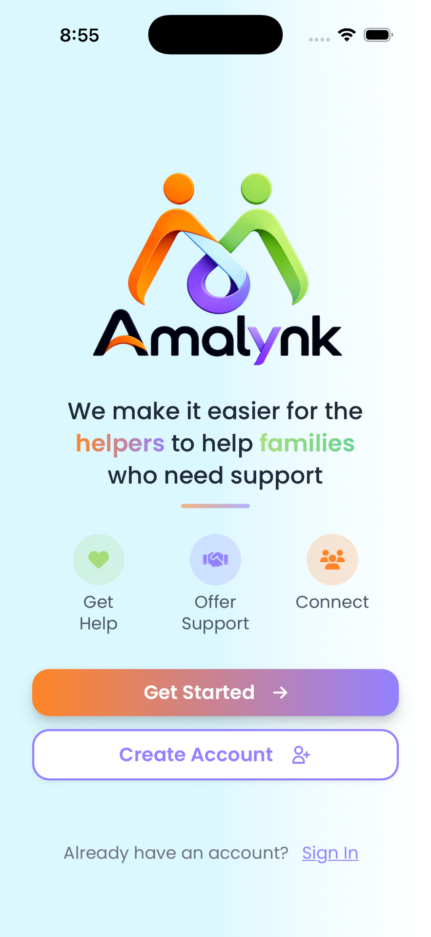 Amalynk app welcome screen — helpers helping families who need support