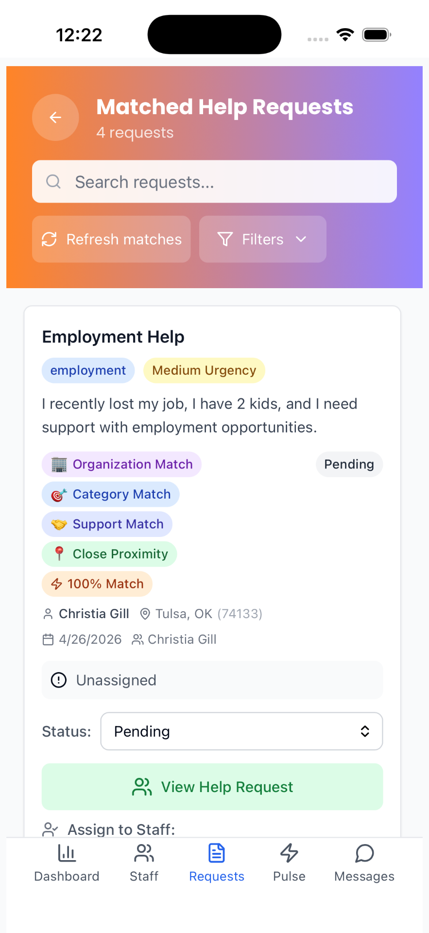 Amalynk matched help requests screen showing prioritized requests with category, urgency, and proximity